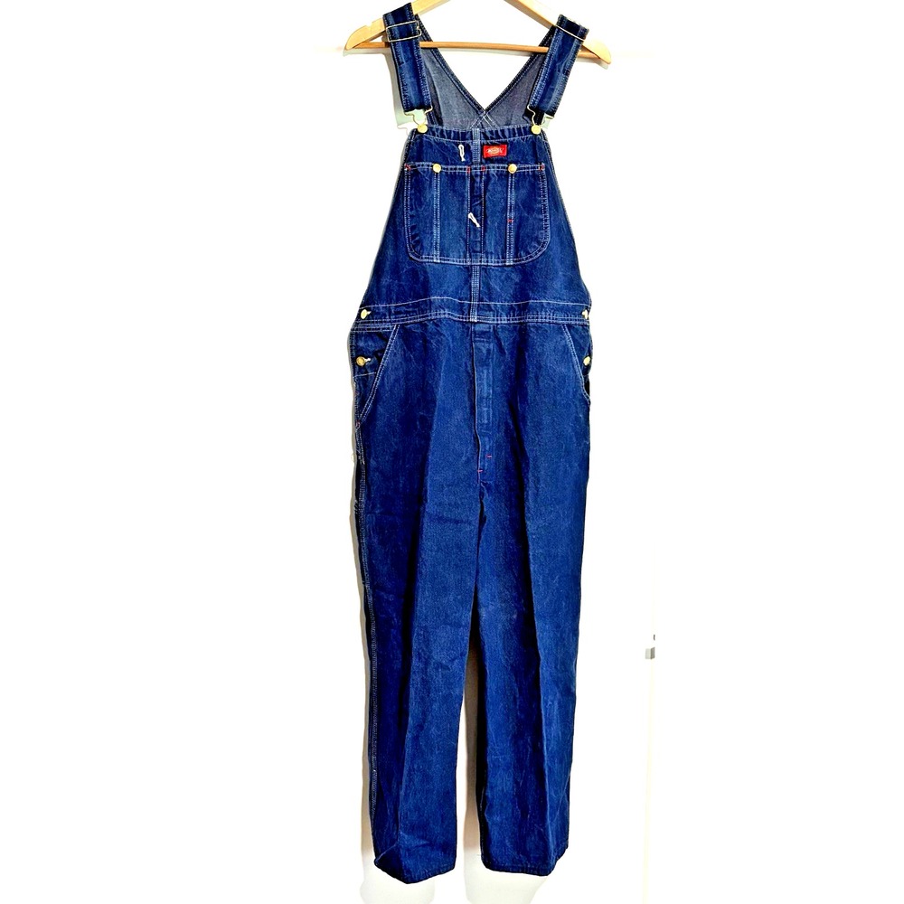 Dickies Denim Bib Overalls Men 36X26 Dark Wash Carpenter Workwear Heavy Duty - Picture 2 of 9